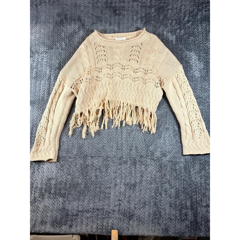 Mustard Seed Cable Knit Cropped Sweater Womens Medium Beige Boho Crochet Fringe